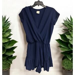 Loving Things Women’s Size 10 Romper One Piece Jumpsuit Navy Blue Shorts V Neck